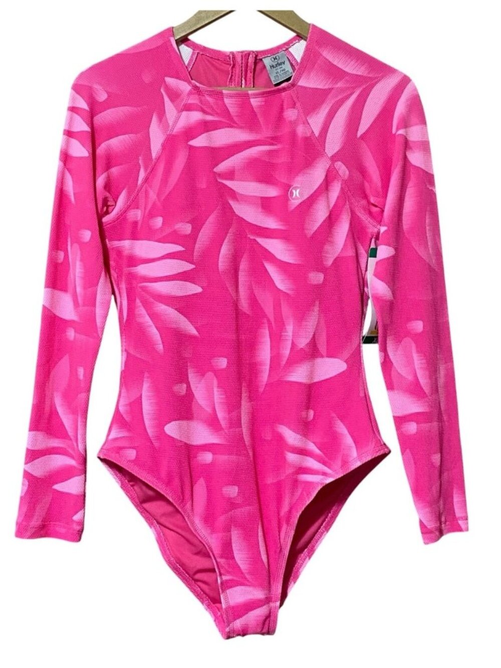 Hurley Pink Leaf Long Sleeve Swimsuit XL NWT UPF Surf Beach Resort Vacation Swim
